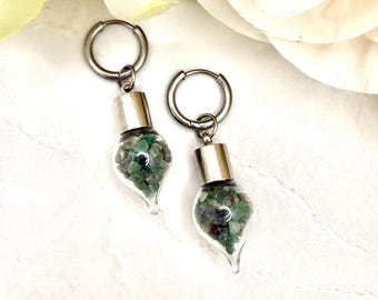 Emerald Huggie Drop Earrings • 55th Wedding Anniversary Jewellery Gift for her
