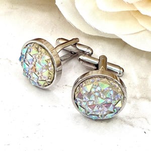 BOUTONS DE MANCHETTE ANNIVERSAIRE EN CRISTAL Cadeau pour 15e anniversaire de mariage, plaqué argent, fait main, livraison gratuite, emballage respectueux de l'environnement