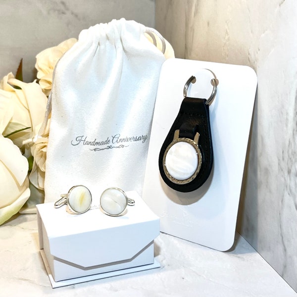 Pearl 30th Wedding Anniversary Cufflinks & Leather Key Fob Gift Set Handmade