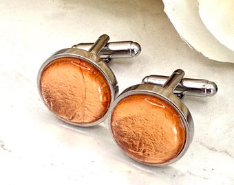 Copper Leaf Cufflinks, Silver Plated Setting, 7th Anniversary Gift