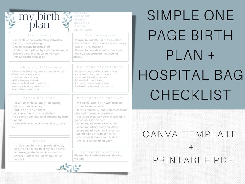 Editable Birth Plan Template Simple Printable Birthing Plan - Etsy Ireland
