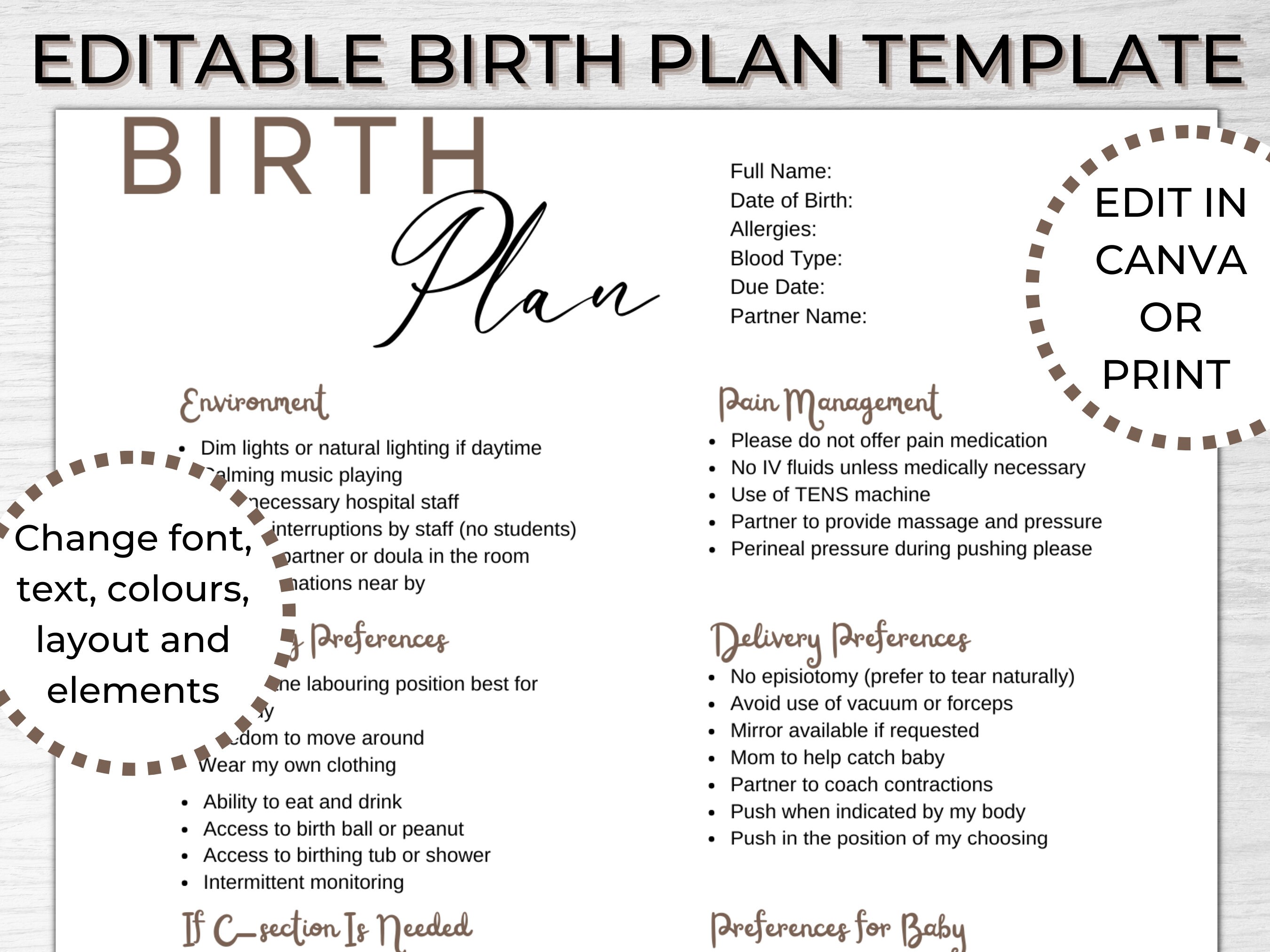 Editable Birth Plan Template Printable Birthing Plan Labour Etsy Canada