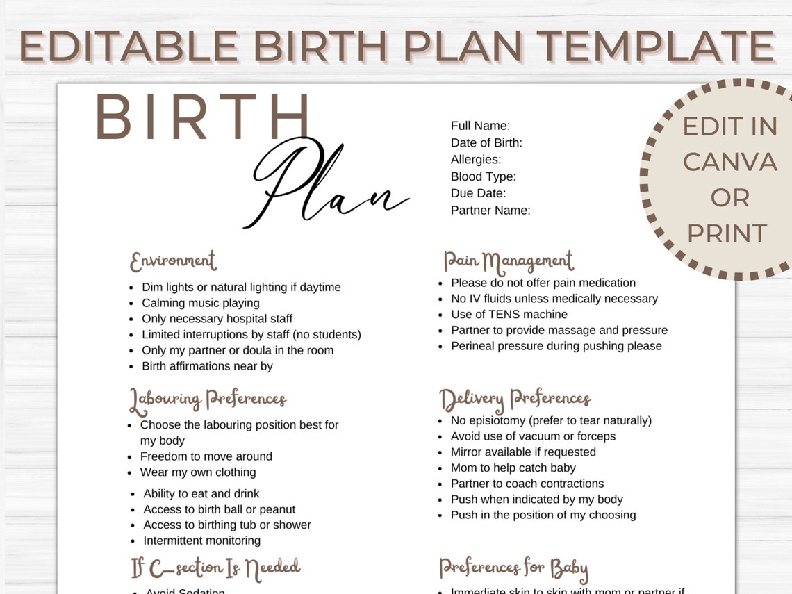 Editable Birth Plan Template printable Birthing Plan Labour - Etsy