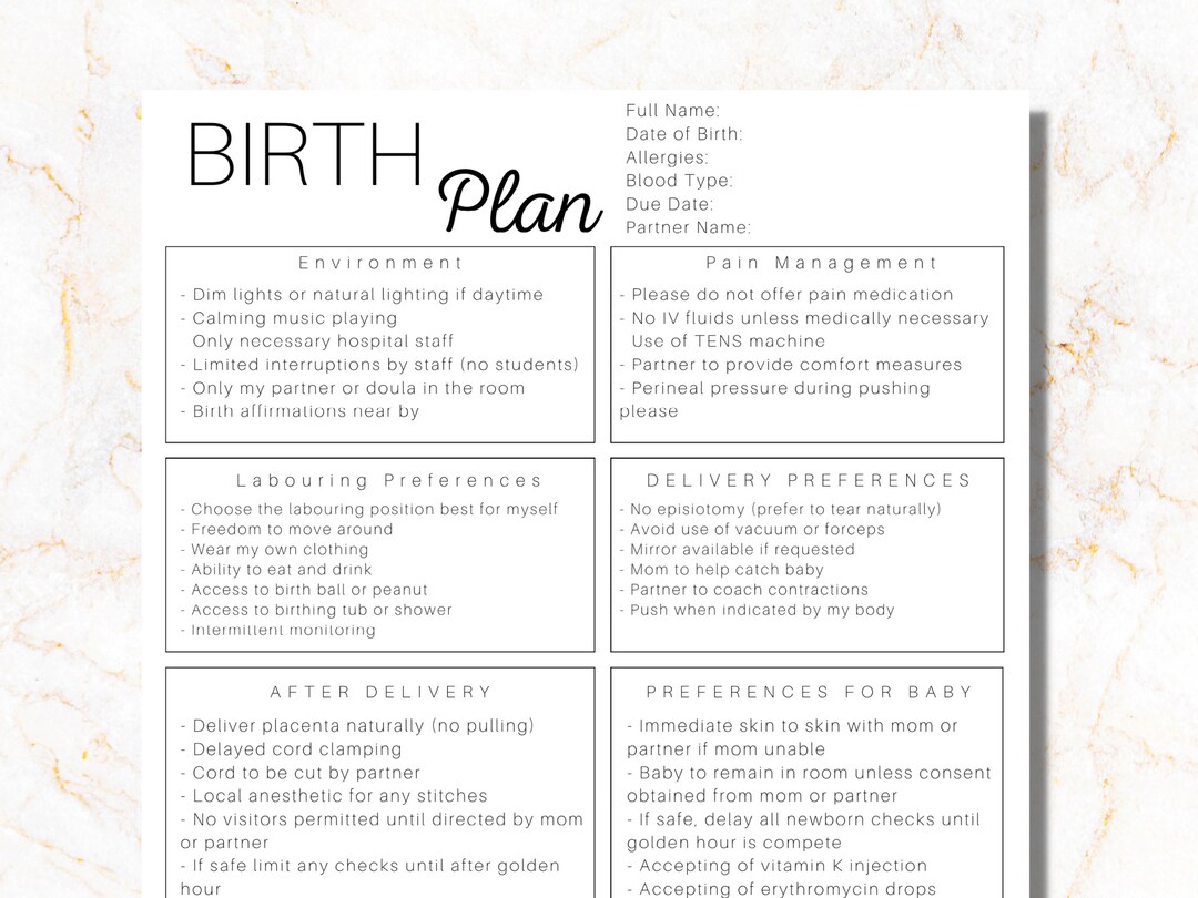 Editable Birth Plan Template Simple Printable Birthing Plan - Etsy Canada