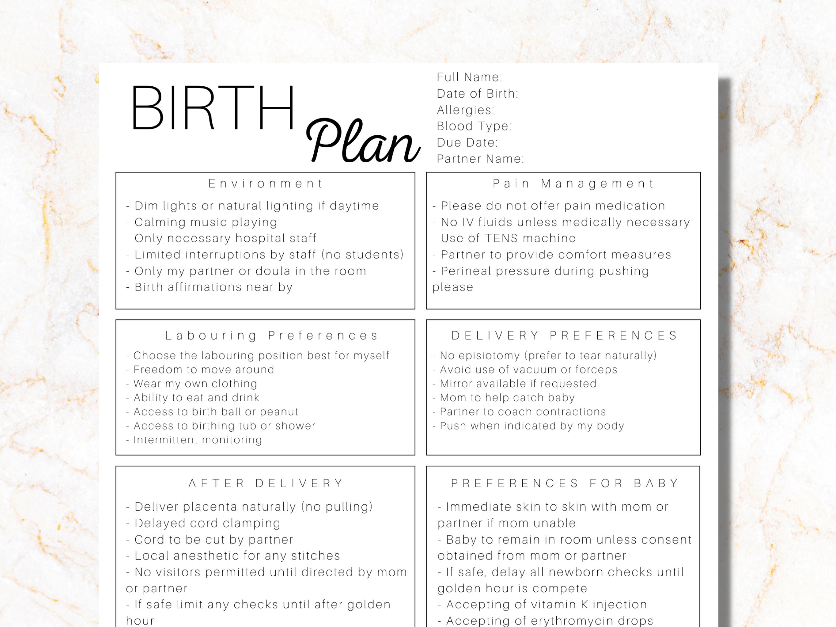 Editable Birth Plan Template Simple Printable Birthing Plan - Etsy Canada