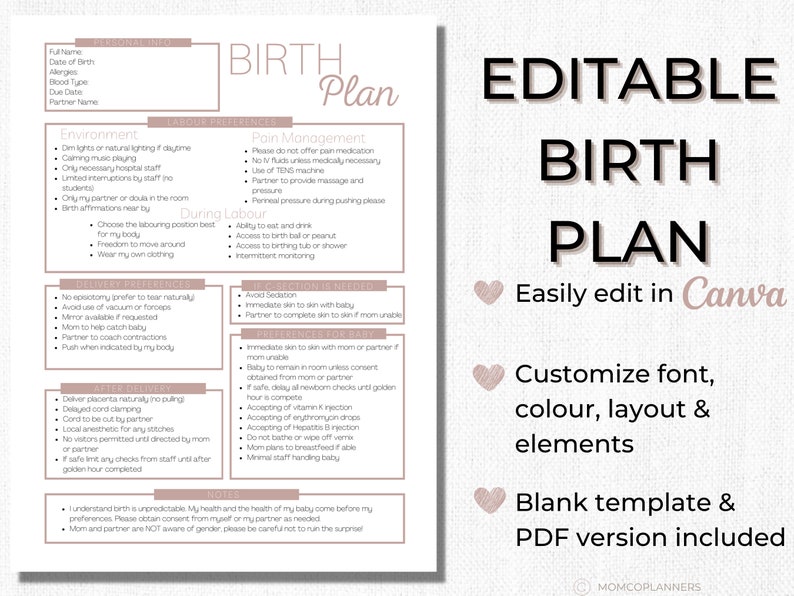 Editable Birth Plan Template Simple Printable Birthing Plan Etsy
