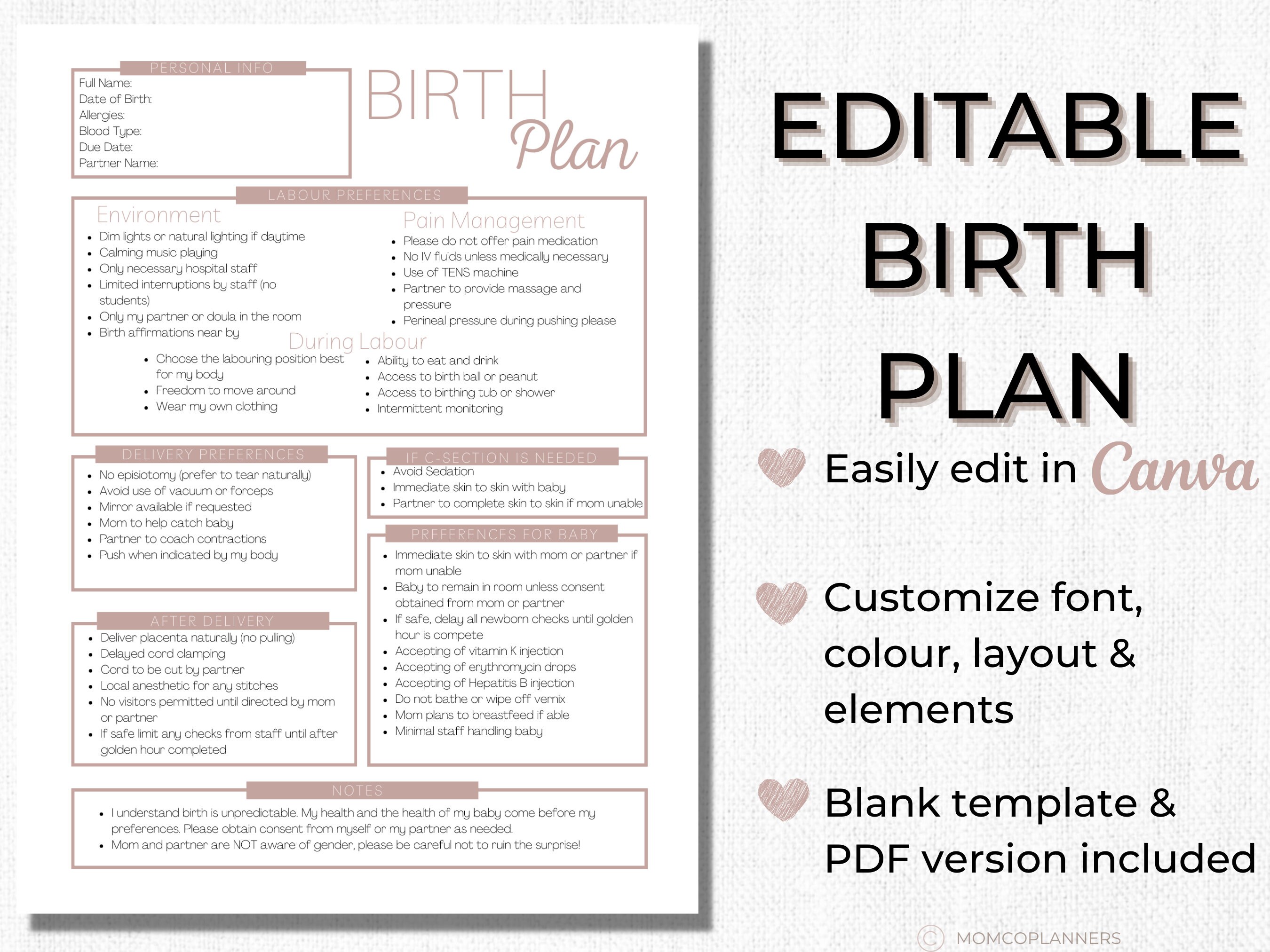 Editable Birth Plan Template Simple Printable Birthing Plan - Etsy ...