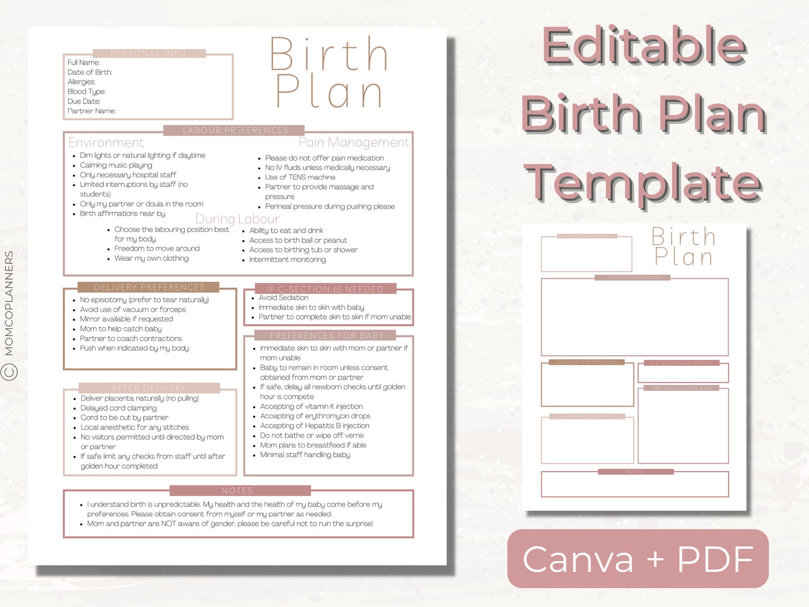 Birth Plan Canva Template Editable Birthing Plan Labour - Etsy Canada