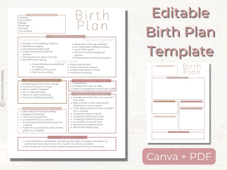 Birth Plan Canva Template Editable Birthing Plan Labour - Etsy