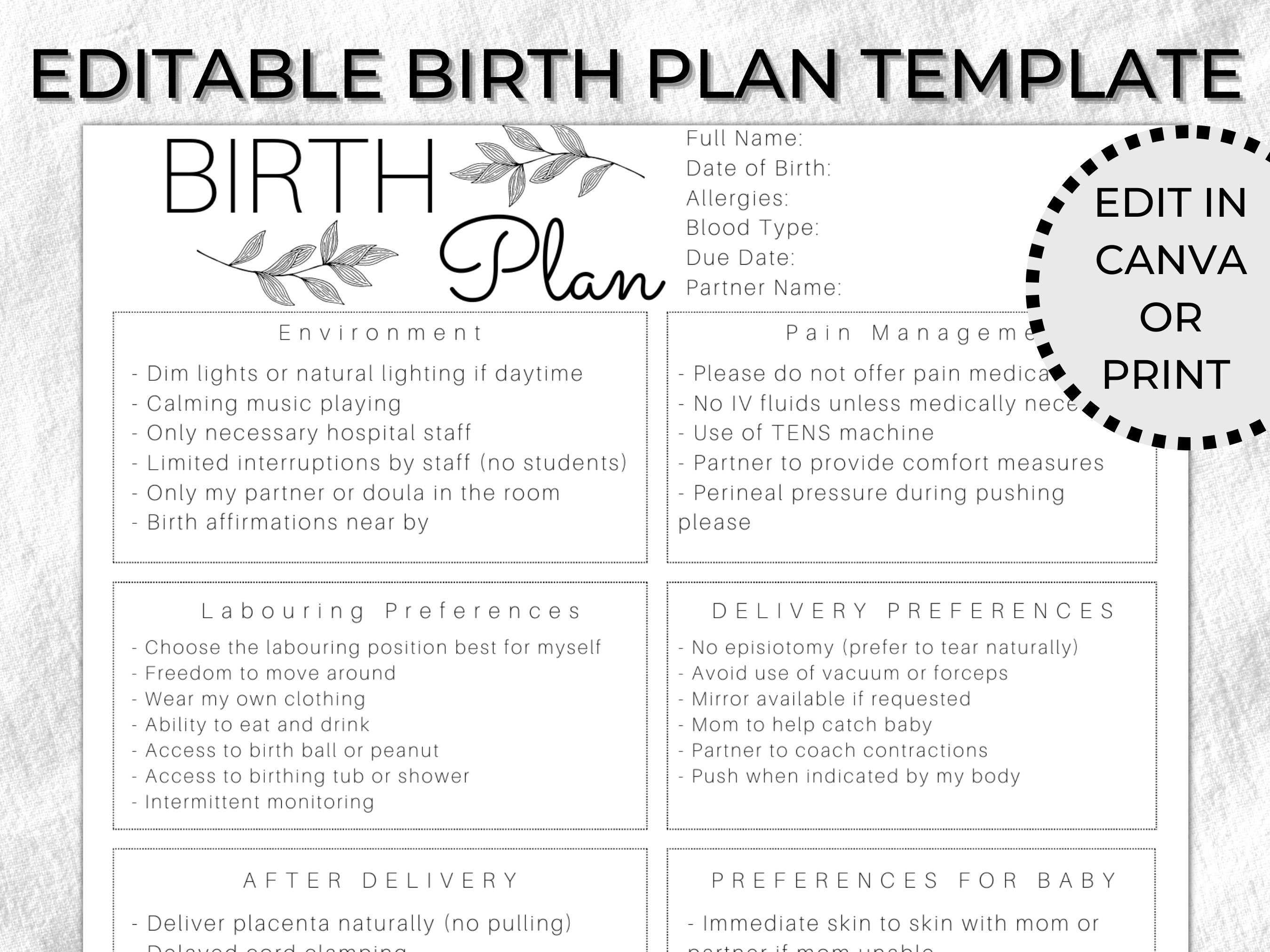 Editable birth plan template simple printable birthing plan etsy canada