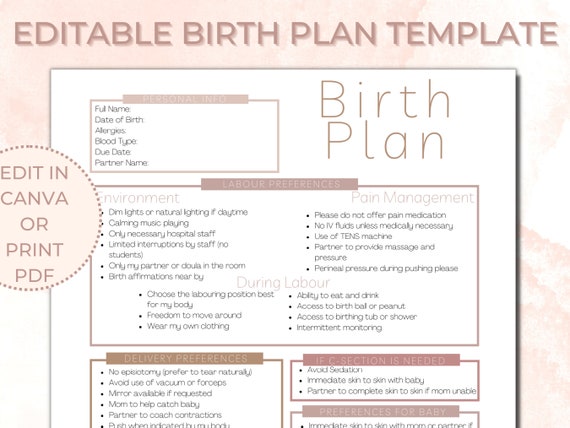 Birth Plan Canva Template Editable Birthing Plan Labour - Etsy