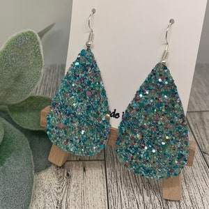 Chunky Teal Glitter Faux Leather Teardrop Earrings