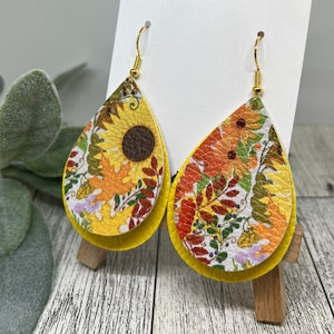 Sunflower Earrings, Wildflower Earrings, Sunflower Faux Leather, Teardrop Shape