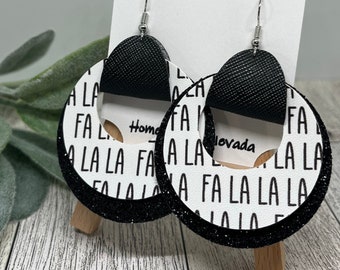 Fa La La La Earrings, Deck the Halls Earrings, Christmas Earrings, Christmas Carol Earrings, Christmas Faux Leather, Black, Black Glitter