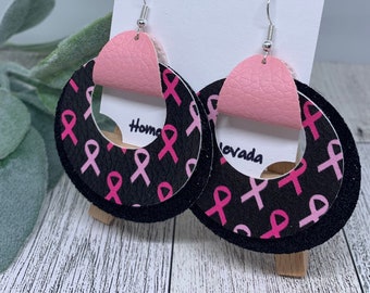 Breast Cancer Ribbon Earrings, Breast Cancer Awareness Faux Leather, Circles