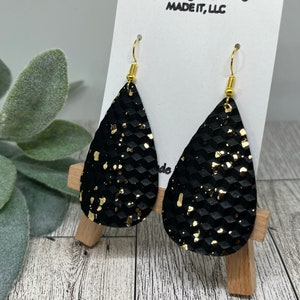Dressy Black and Gold Earrings, Glittery Faux Leather, Metallic Faux Leather, Teardrop Shape