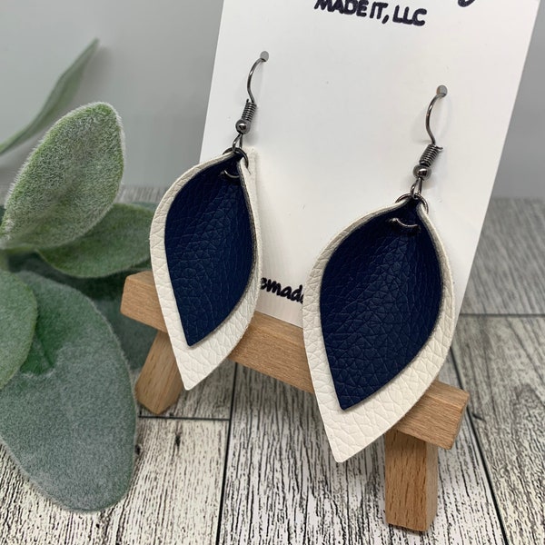 Navy and White Earrings, Navy and White Faux Leather, Leaf Shape, Layered Faux