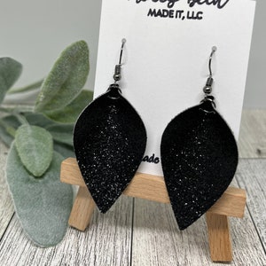 Black Glitter Earrings, Black Glitter Faux Leather Earrings, Pinched Leaf Faux Leather Earrings