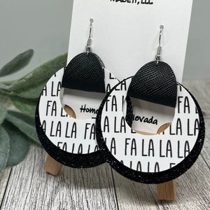 Fa La La La Earrings, Deck the Halls Earrings, Christmas Earrings, Christmas Carol Earrings, Christmas Faux Leather, Black, Black Glitter image 1