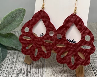 Red Boho Earrings, Maroon, Scalloped, Red Faux Leather, Dangle