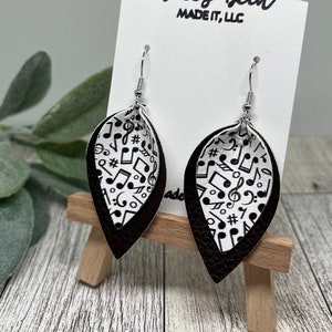 Music Earrings, Musical Note Earrings, Music Note Faux Leather, Black and White