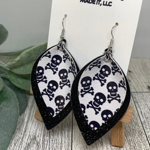 Skull Earrings, Skull Faux Leather, Leaf Shape Faux Leather, White and Black Glitter Faux Leather