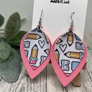 Pencil Earrings, Teacher Earrings, School Faux Leather, Pink Faux Leather, Back to School Earrings, Pencils and Erasers