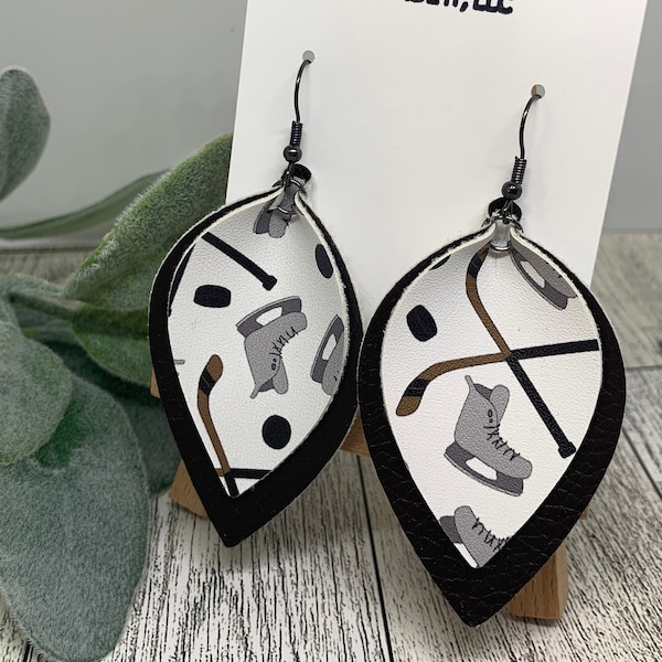 Ice Hockey Earrings, hockey faux leather, hockey earring, hockey mom, hockey jewelry, Leaf Cut Faux Leather