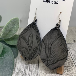 Dark Gray Earrings, Teardrop, Embossed Faux Leather