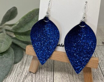Blue Glitter Earrings Blue Faux Leather Leaf Shape Etsy