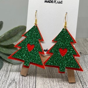 Glittery Christmas Tree Earrings, Green and Red Christmas Trees, Faux Leather Christmas Tree Earrings, Heart Cut Out