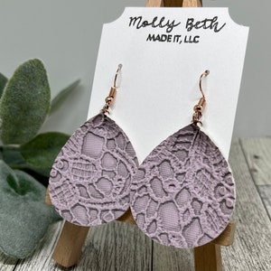 Lavender Earrings, Lavendar Teardrop Earrings, Lavendar Lace Pattern, Embossed Faux Leather Earrings