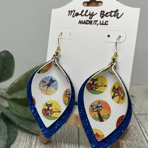 Pete the Cat Earrings, Pete the Cat Faux Leather, Pete the Cat Jewelry, Teacher Earrings, Blue Glitter