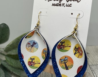 Pete the Cat Earrings, Pete the Cat Faux Leather, Pete the Cat Jewelry, Teacher Earrings, Blue Glitter