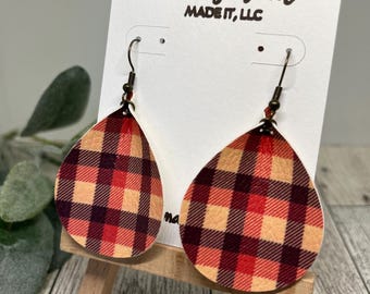 Pendientes de cuadros vichy otoñales, pendientes de cuadros otoñales, piel sintética de cuadros vichy otoñales, piel sintética naranja y marrón, cuadros vichy otoñales naranja y marrón