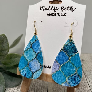 Teal Mermaid Earrings, Teal Mermaid Faux Leather, Teal Mermaid Scales, Gold and Teal Mermaid Earrings, Shiny Mermaid Earrings