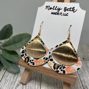 Animal Print Earring, Blossom Print Earring, Gold Plated Charm, Flowers, Wild Blossom, Faux Leather, Peach, Gold, Black