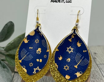 Hanukkah Earrings, Hanukah Faux Leather, Blue and Gold Hanukkah Earrings, Glitter Faux Leather