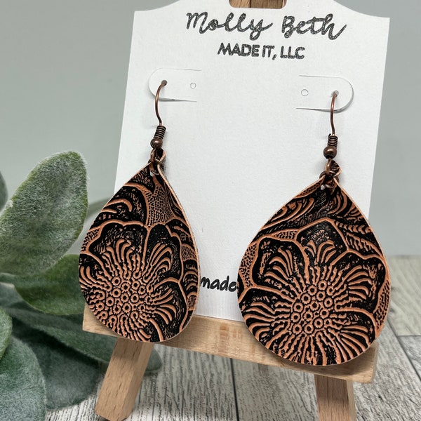 Western Brown Earrings, Weatern Embossed Faux Leather Earrings, Embossed Floral Pattern, Teardrop Shape, Brown Jewelry, Cowboy, Cowgirl