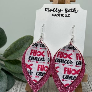 Örhängen med bröstcancermedvetenhet, F-cancer, bröstcancerband i konstläder, bladform