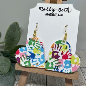 Autism Earrings, Handprint Earrings, Autism Awareness, Handprint Faux Leather, Rainbow Handprints, Teacher Earrings, Preschool