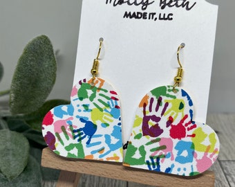 Autism Earrings, Handprint Earrings, Autism Awareness, Handprint Faux Leather, Rainbow Handprints, Teacher Earrings, Preschool