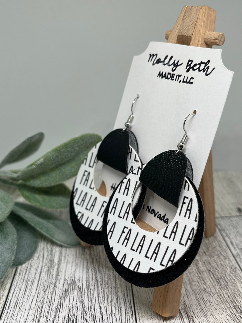 Fa La La La Earrings, Deck the Halls Earrings, Christmas Earrings, Christmas Carol Earrings, Christmas Faux Leather, Black, Black Glitter image 2