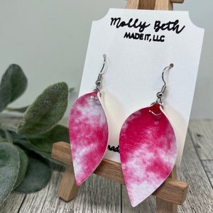 Pink Tie Dye Earrings, Pink Tie Dye Faux Leather, Leaf Shape, Pinched Leaf Shape