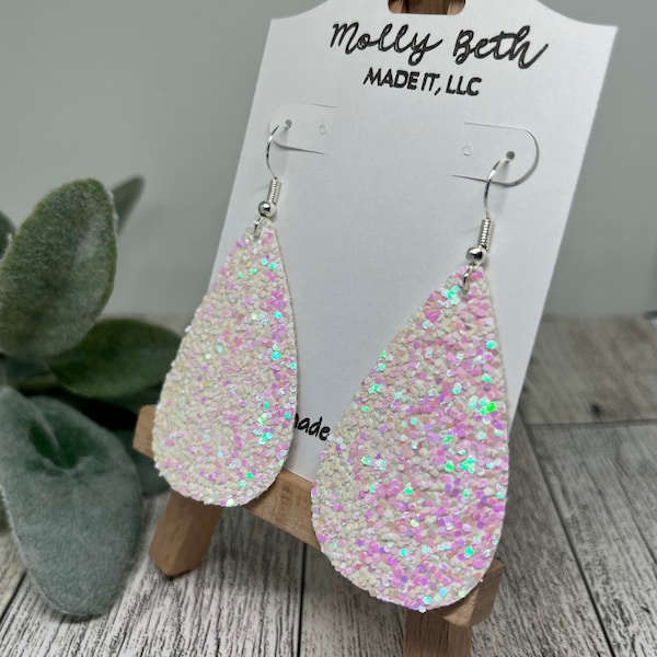 Chunky White Glitter Faux Leather Teardrop Shaped Earrings