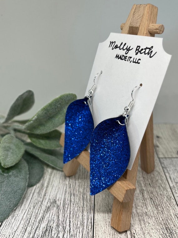 Blue Glitter Earrings Blue Faux Leather Leaf Shape Etsy