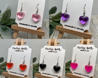 Pendientes de corazón para niñas, con gancho o clip, pendientes de corazón hinchado, pendientes de corazón de resina, pendientes de corazón de color arcoíris, pendientes livianos