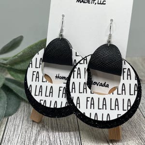Fa La La La Earrings, Deck the Halls Earrings, Christmas Earrings, Christmas Carol Earrings, Christmas Faux Leather, Black, Black Glitter
