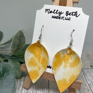 Yellow Tie Dye Earrings, Yellow Tie Dye Faux Leather, Leaf Shape, Pinched Leaf Shape