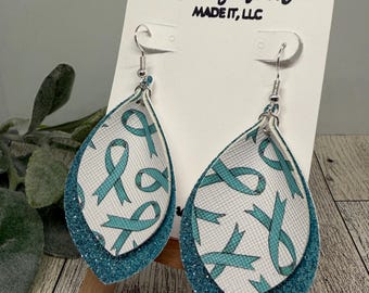 Cervical Cancer Awareness Earrings, Cervical Cancer Ribbon Faux Leather, Cervical Cancer Survivor, Walk for Cancer